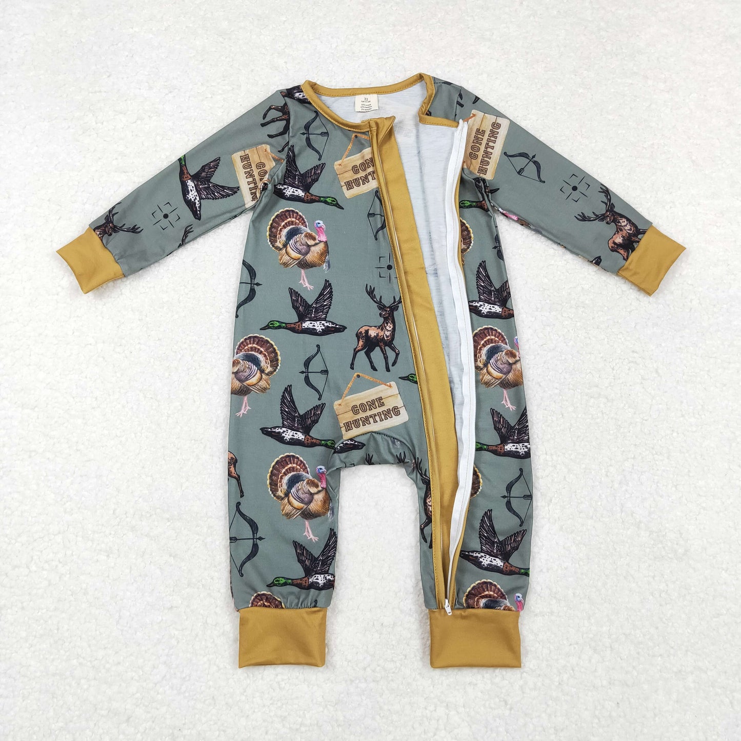 Baby Boy Long Sleeves Hunting Deer Ducks Zipper Bamboo Romper