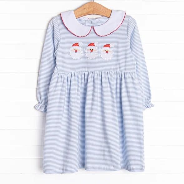( Moq 5 ) Preorder Baby Girls Kids Long Sleeves Christmas Santa Blue Stripes Knee Length Dress Clothes