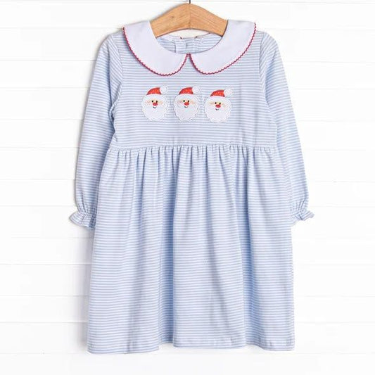 ( Moq 5 ) Preorder Baby Girls Kids Long Sleeves Christmas Santa Blue Stripes Knee Length Dress Clothes