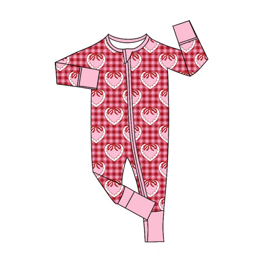( Moq 5 ) Preorder Baby Girls Infant Hearts Bows Plaid Valentine Zipper Footie Sleeper Romper Clothes