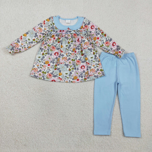 Baby Girls Kids Long Sleeves Floral Tunic Blue Pants Clothes Set RTS