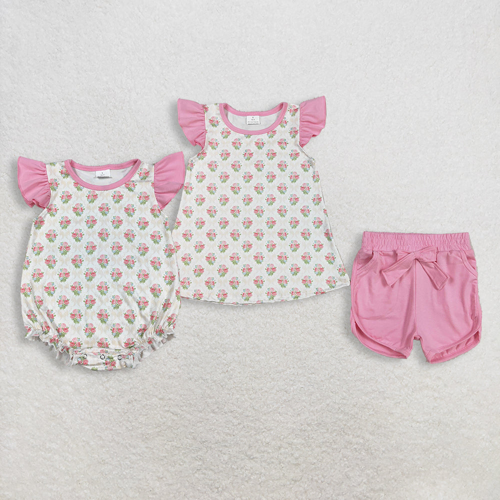 Sibling Baby Girls Infant Short Sleeves Flowers Bows Tops Shorts Set Bubble Romper RTS