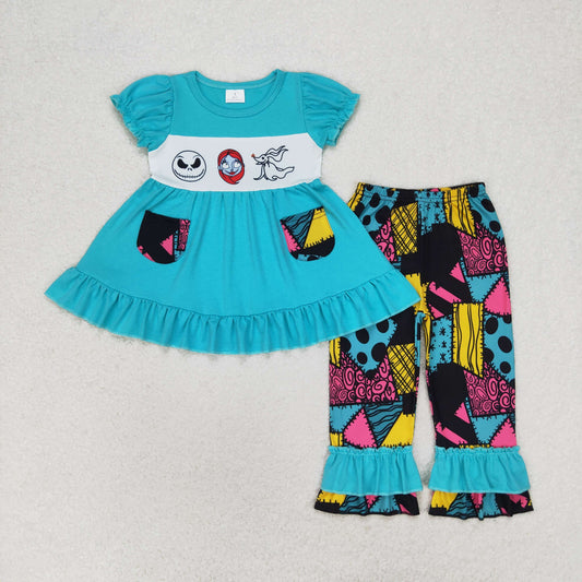 Baby Girl Short Sleeves Ghost Green Tops Pants Halloween Set