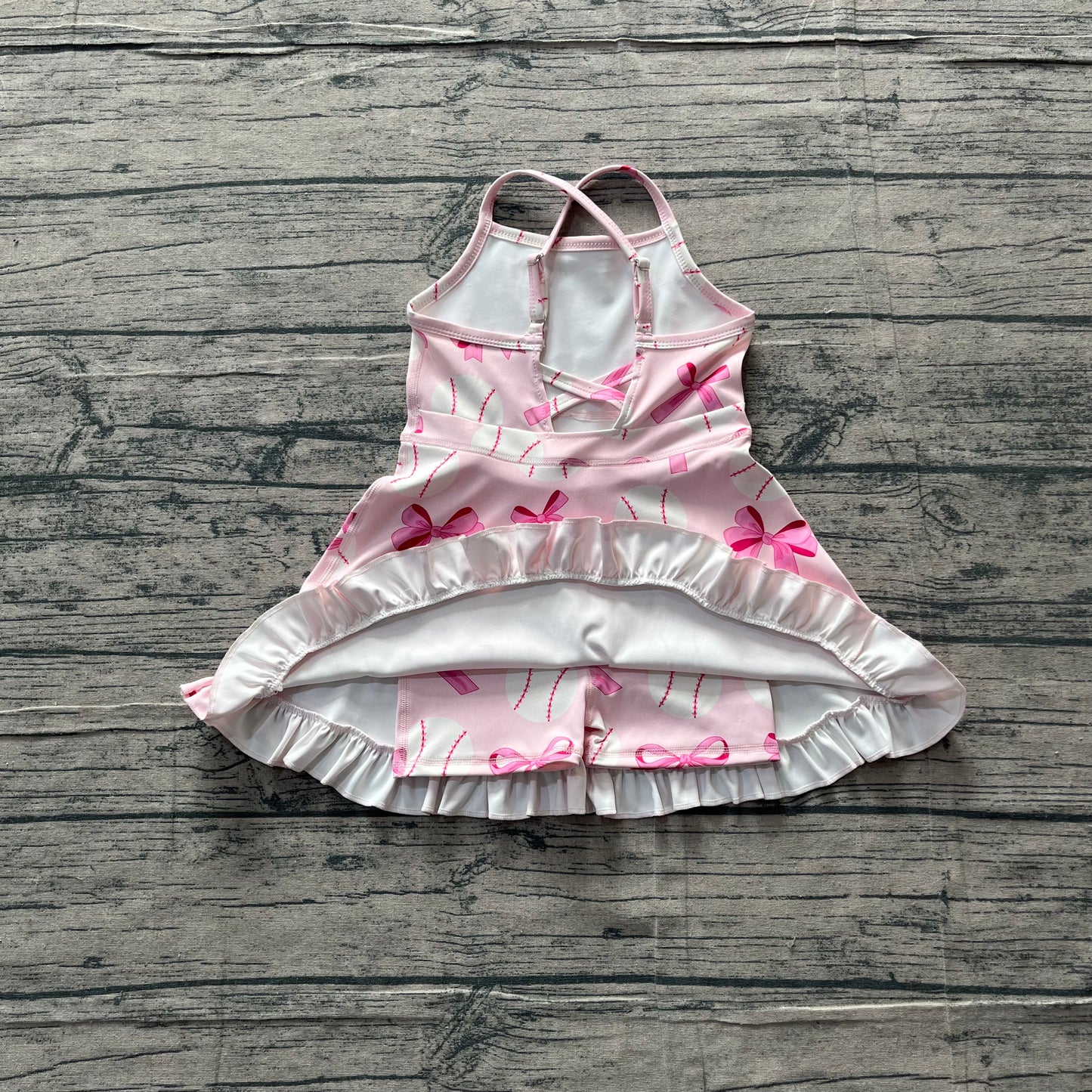 ( No moq ) Preorder Baby Girl Straps Pink Bows Baseball Activity Wear Yoga Knee Length Dress