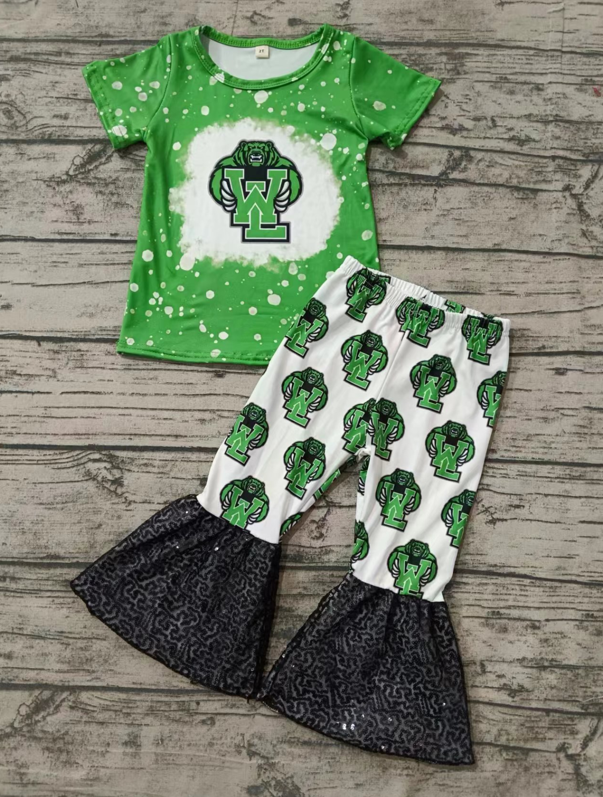 Moq 5 Baby Girl Green Short Sleeves Shirt Bell Pants Team Set