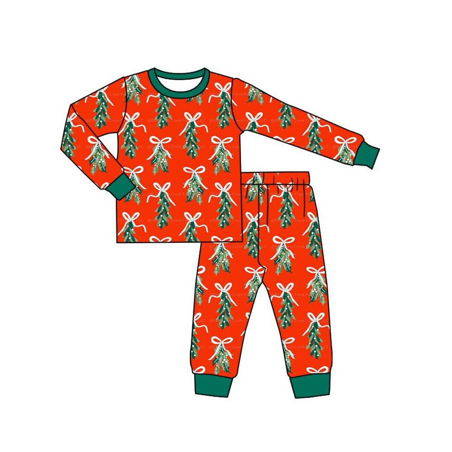 ( Moq 5 ) Preorder Baby Girls Kids Long Sleeves Christmas Bows Tree Shirt Pants Set Pajamas Clothes