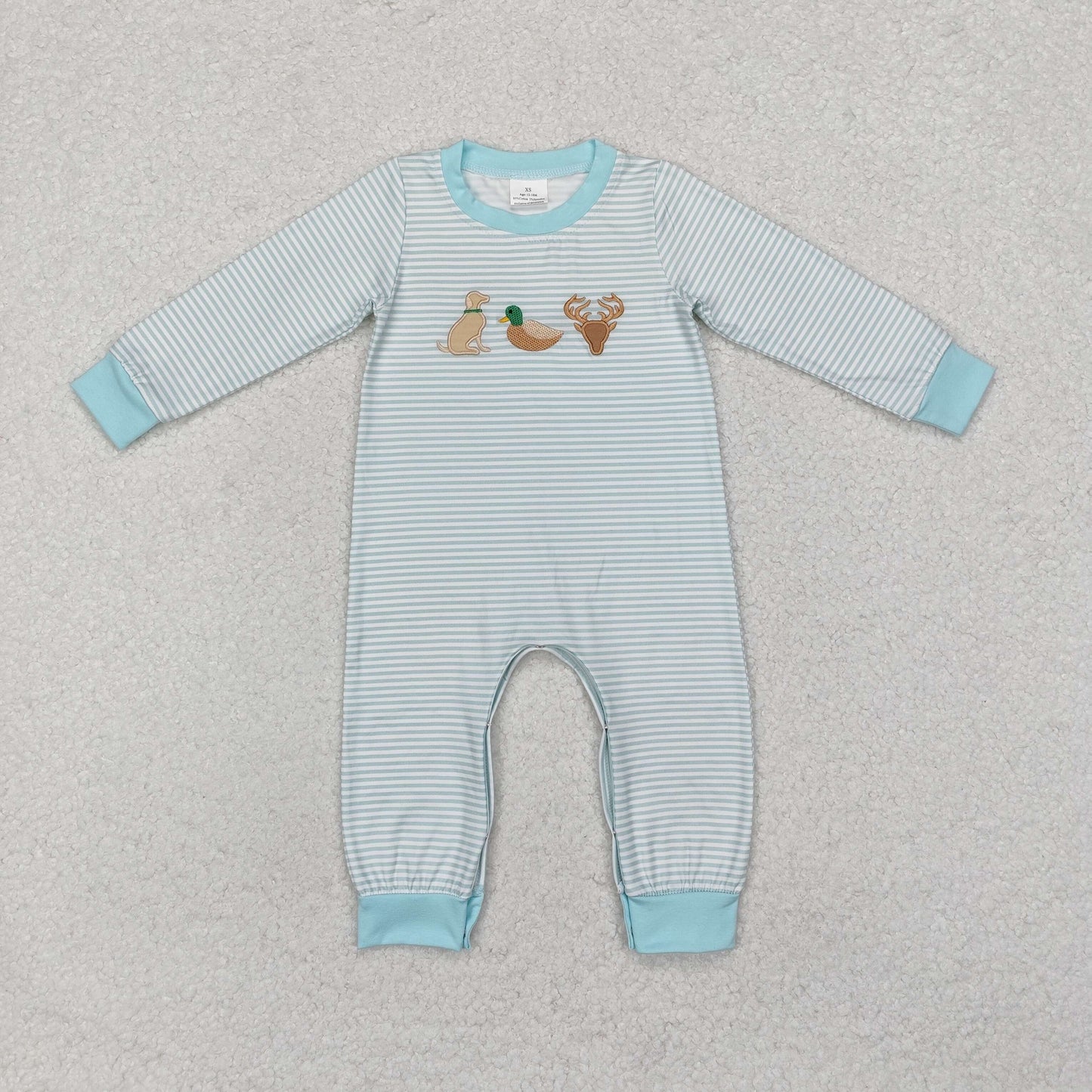 Baby Boy Long Sleeves Infant Blue Stripes Embroidery Dog Duck Deer Hunting Romper