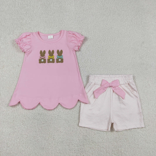 Baby Girls Kids Short Sleeves Embroidery Rabbits Pink Tops Pockets Shorts Easter Clothes Set RTS