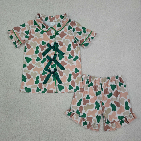 Baby Girls Kids Camo Green Bows Buttons Shirt Ruffle Shorts Hunting Pajamas Set RTS