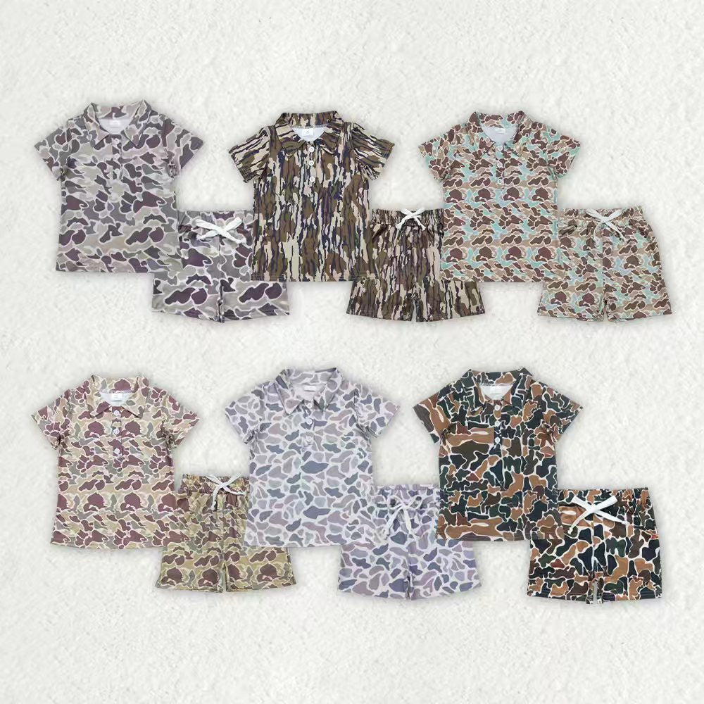 Sibling Baby Boys Short Sleeves Buttons Tops Southern Camo Pockets Shorts Clothes Sets RTS