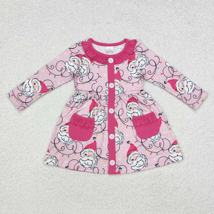 Baby Girl Long Sleeves Christmas Santa Lights Pocket Pink Dress