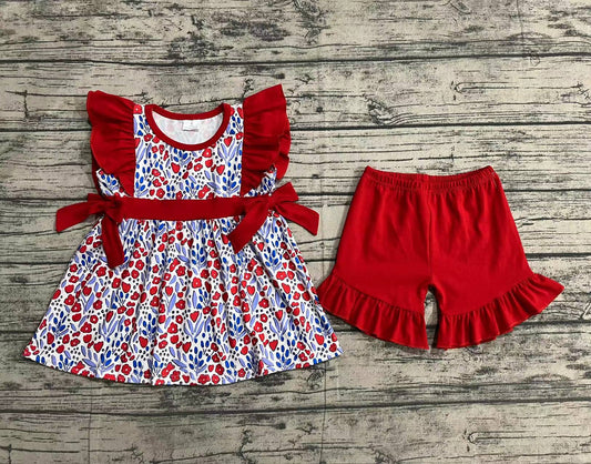 No moq Pre-order July 4th Baby Girl Short Sleeves Floral Tunic Red Ruffle Shorts Summer Set