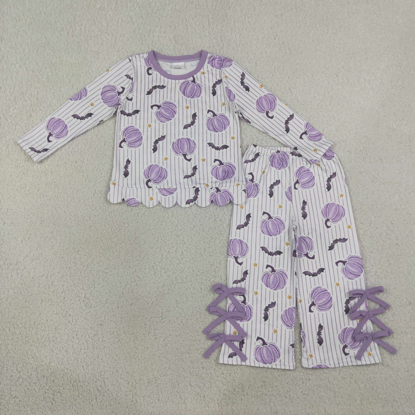 Baby Girls Kids Purple Pumpkins Scallop Shirt Bows Pants Set Halloween Clothes RTS
