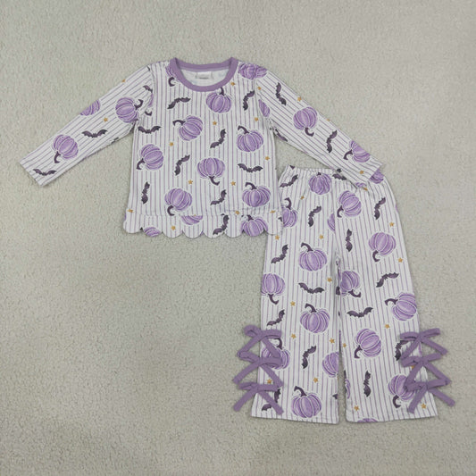 Baby Girls Kids Purple Pumpkins Scallop Shirt Bows Pants Set Halloween Clothes RTS