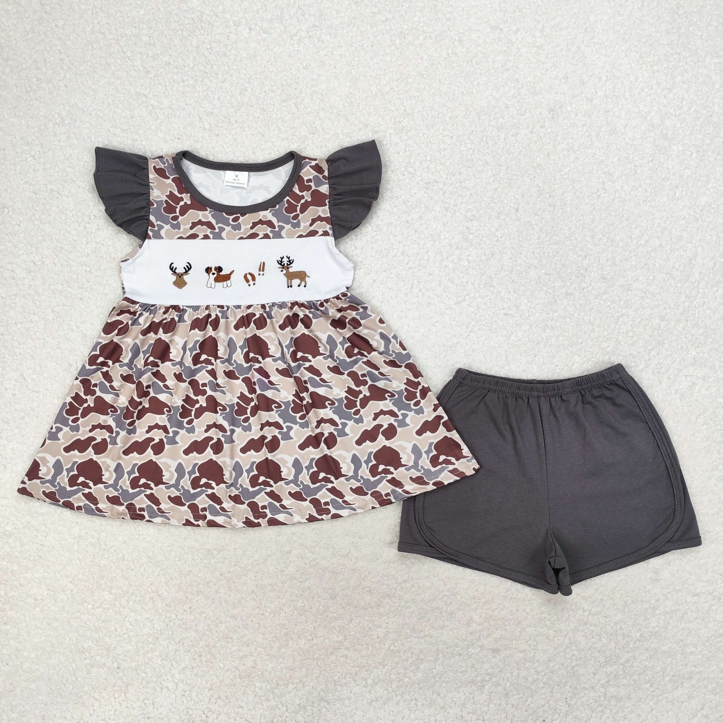 Baby Girl Short Sleeves Embroidery Dog Deer Camo Tops Shorts Set