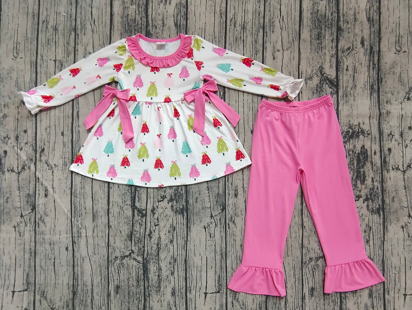 Baby Girl Long Sleeves Bows Trees Tunic Pink Ruffle Pants Christmas Set RTS