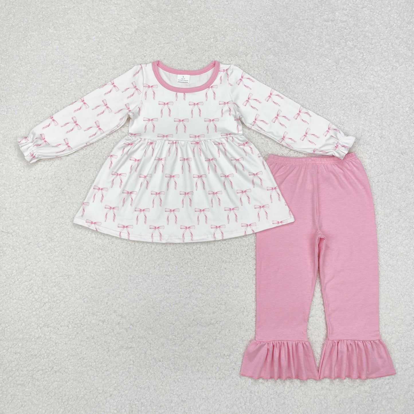 Baby Girl Long Sleeves Bows Tunic Pink Cotton Ruffle Pants Clothes Set