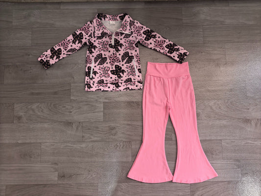 Baby Girls Kids Halloween Bows Zipper Pockets Tops Pink Pants Set Clothes RTS