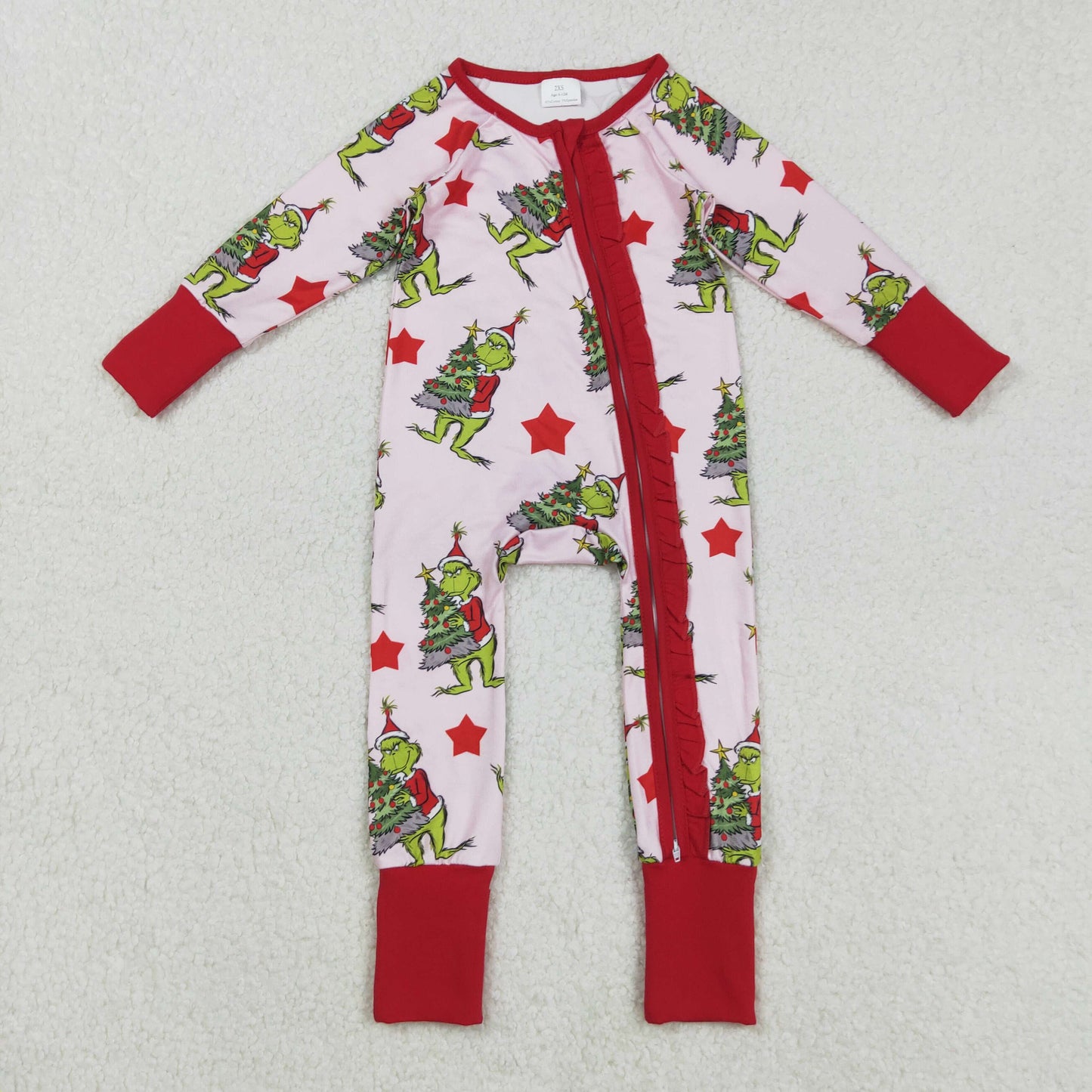 Baby Girl Long Sleeves Green Face Stars Christmas Ruffle Zipper Romper RTS