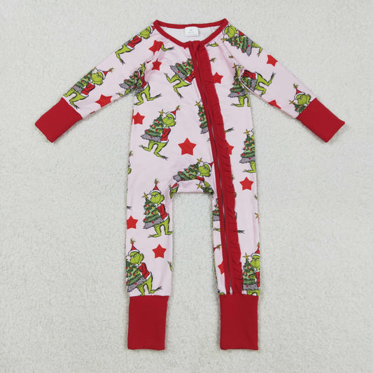 Baby Girl Long Sleeves Green Face Stars Christmas Ruffle Zipper Romper RTS