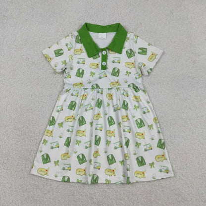 Sibling Baby Boys Girls Short Sleeves Golf Buttons Green Knee Length Dress Set RTS