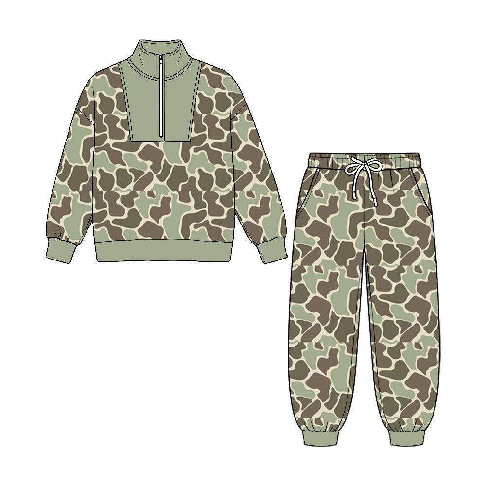 ( No moq ) Preorder Baby Boys Kids Long Sleeves Camo Print Zipper Pullover Pockets Pants Green Set Clothes