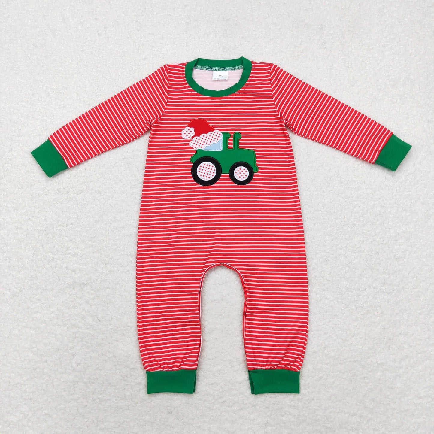 Baby Boy Christmas Embroidery Tractor Santa Hats Red Stripes Romper