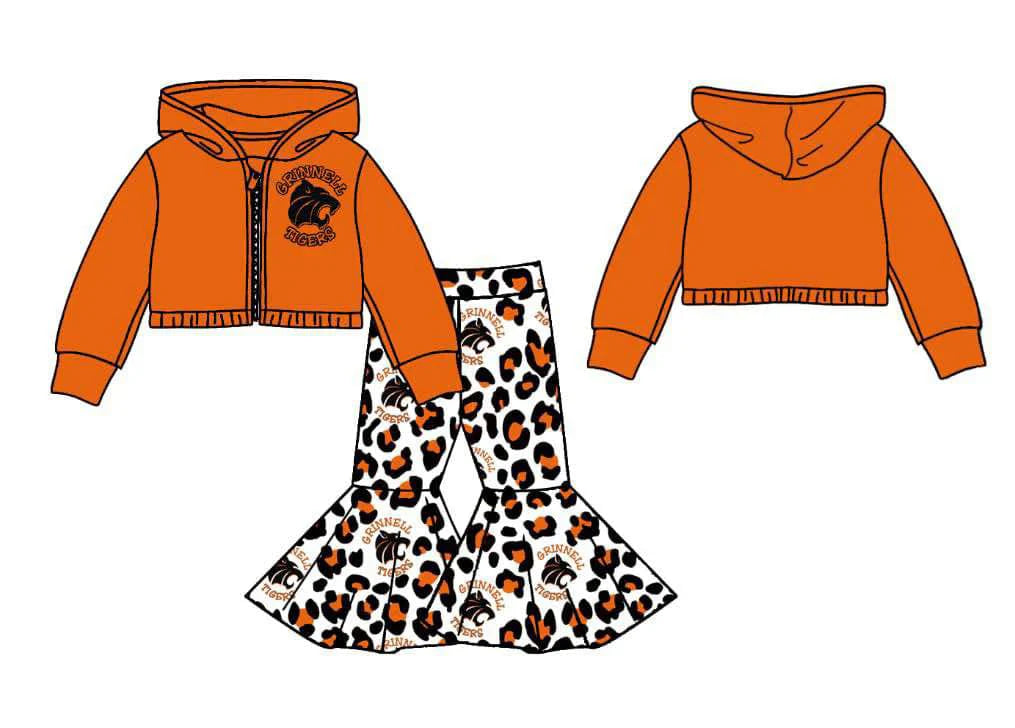 Baby Girl Long Sleeves Team Tiger Hoodie Shirt Leopard Pants Clothes Set ( Moq 5 )