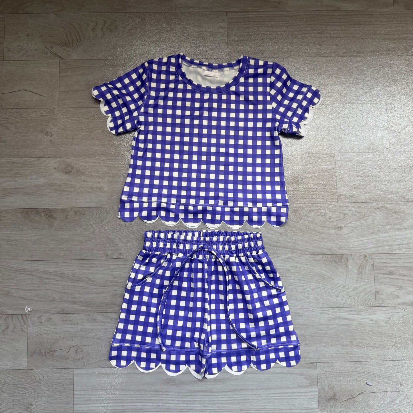( No moq ) Preorder Baby Girls Kids Short Sleeves Purple Plaid Shirt Scallop Shorts Set Clothes