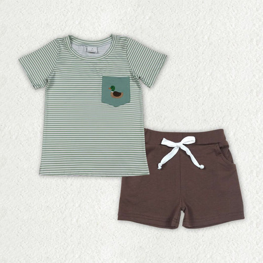 Baby Boys Kids Short Sleeves Embroidery Duck Green Stripes Shirt Pockets Shorts Clothes Set RTS