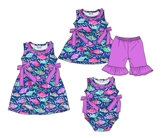 ( Moq 5 Each Style ) Sibling Baby Girls Kids Purple Bows Fish Romper Dress Set Clothes