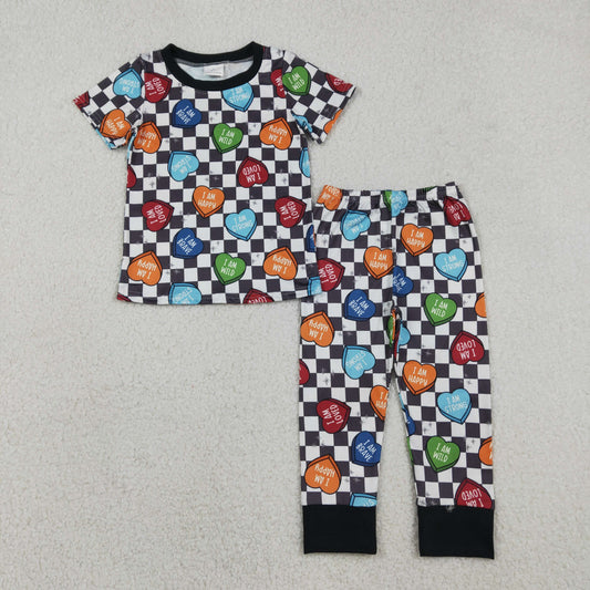 Baby Boy Valentines Hearts Shirt Checkered Pants Pajamas Clothes Set RTS