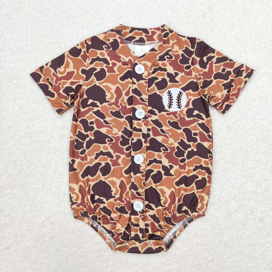 Baby Boy Embroidery Baseball Buttons Camo One Piece Romper