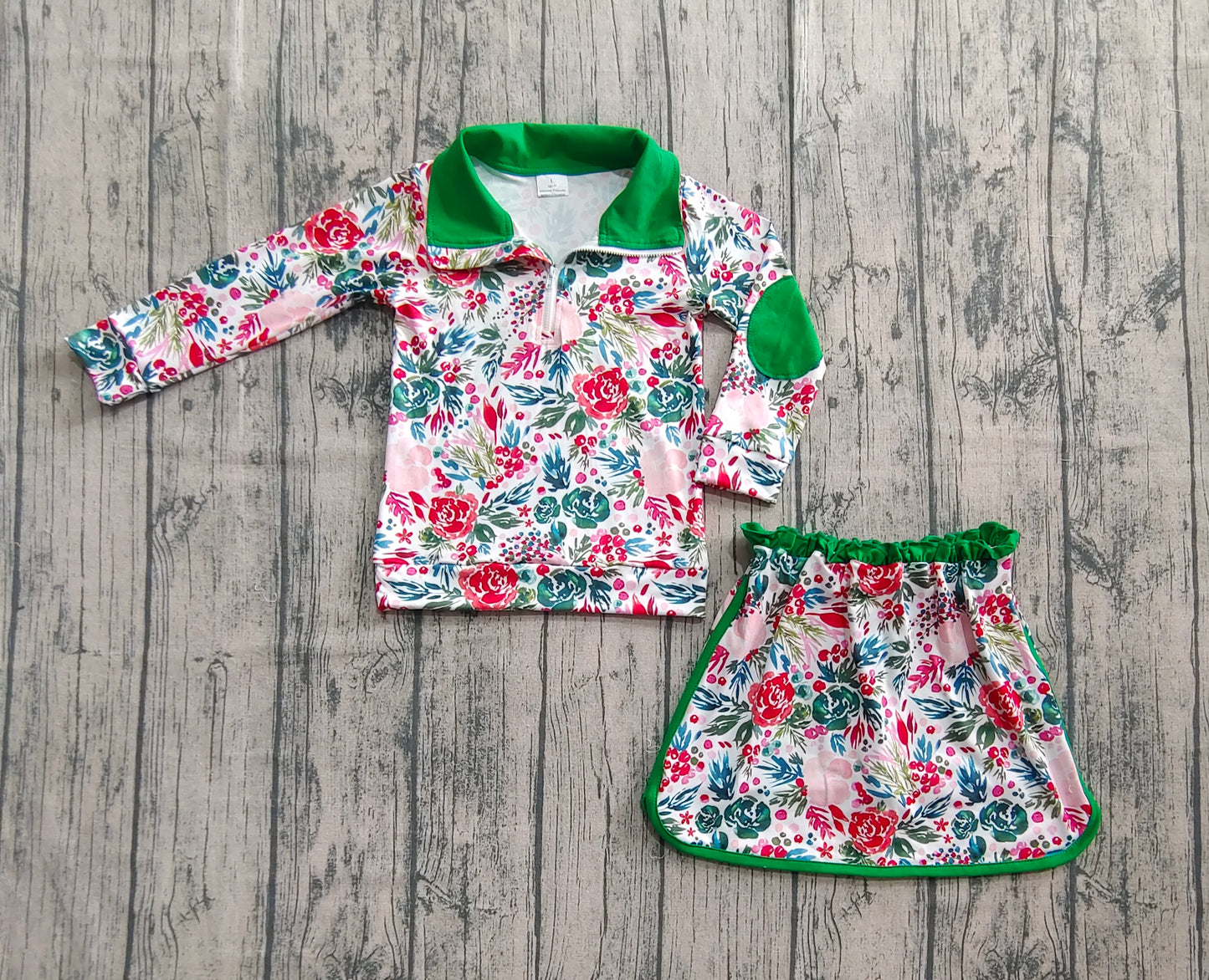 Baby Girl Long Sleeves Christmas Flower Zipper Tops Skirts Set RTS