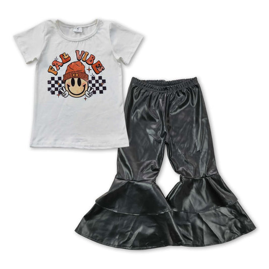 GSPO0846 Baby Girl Short Sleeves Shirt Black Leather Bell Pants Outfit