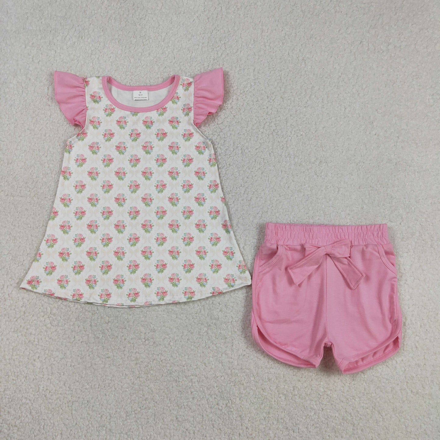 Baby Girls Kids Short Sleeves Flowers Bows Tops Pink Pockets Shorts Set RTS