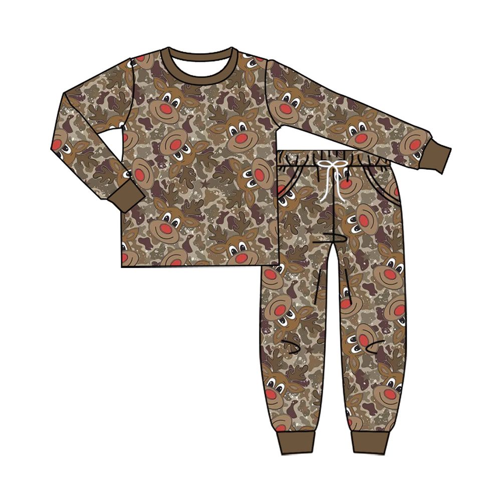 ( Moq 5 ) Preorder Baby Boys Kids Long Sleeves Deer Camo Shirt Pockets Pants Set Christmas Clothes