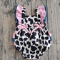 Baby Girls Kids Short Sleeves Bows Cow Print Western Bubble Romper RTS