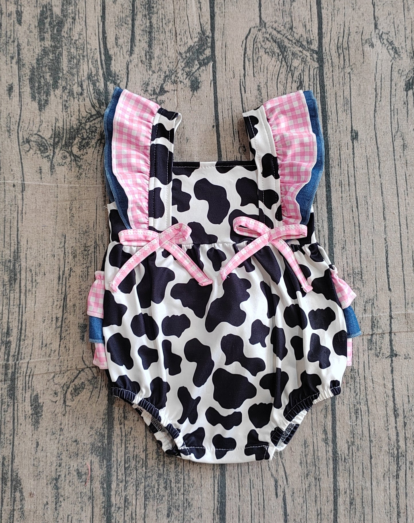Baby Girls Kids Short Sleeves Bows Cow Print Western Bubble Romper RTS
