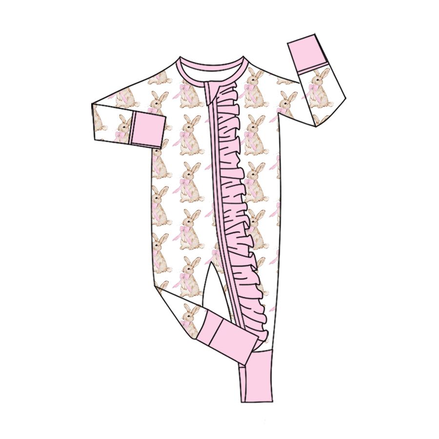 ( Moq 5 ) Preorder Baby Girls Kids Rabbits Bows Zipper Footie Romper Easter Clothes