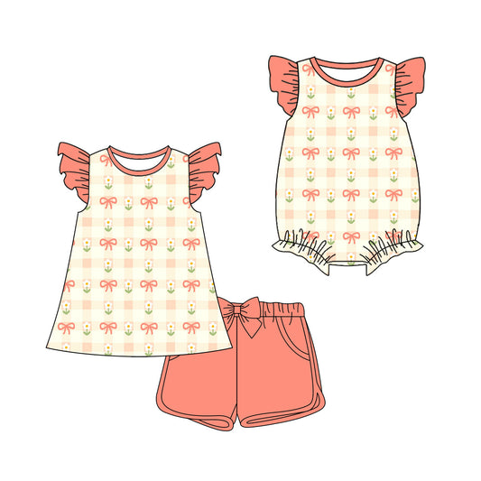 ( Moq 5 Each Style ) Sibling Baby Girls Kids Short Sleeves Bows Flower Romper Set Summer Clothes