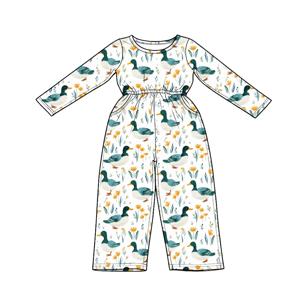 ( Moq 5 ) Preorder Baby Girls Kids Long Sleeves Ducks Flower Pockets Pants Jumpsuit Clothes
