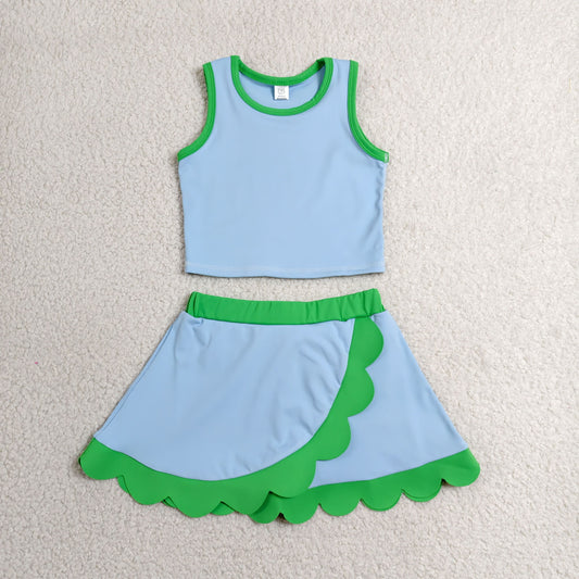 Baby Girls Kids Shirt Scallop Skirt Shorts Yoga Active Blue Green Set Clothes RTS
