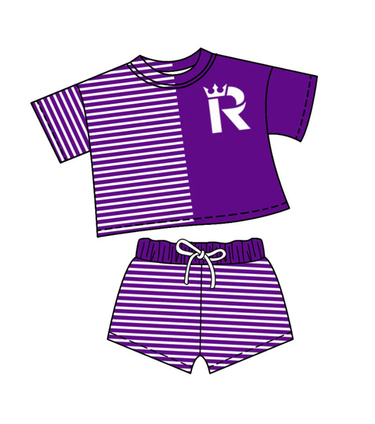 ( Moq 5 ) Baby Girls Short Sleeves R Shirt Purple Stripes Shorts Team Clothes Set