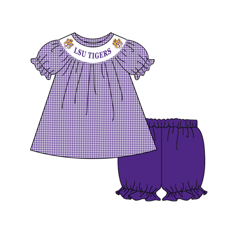 Baby Girl Team Purple Checkered Tops Cotton Shorts Set