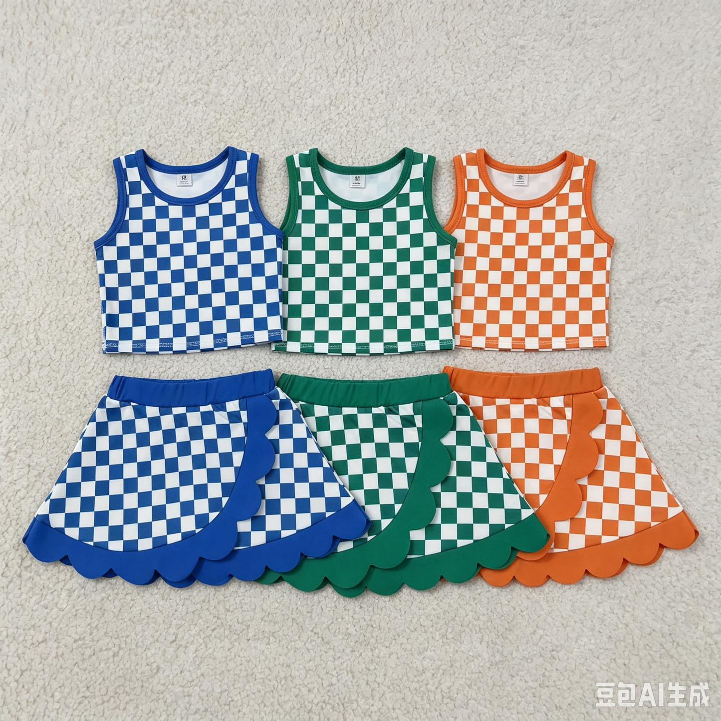 Sibling Baby Girls Kids Sleeveless Checked Shirts Scallop Skirts Shorts Yoga Active Sets Clothes RTS