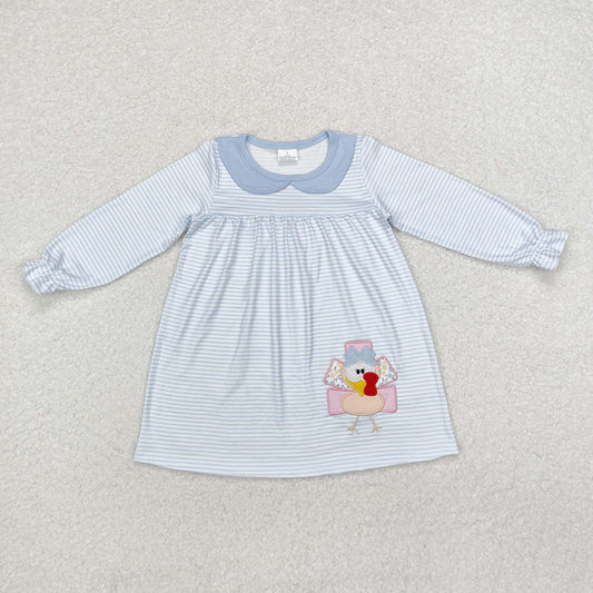 Baby Girl Blue Long Sleeves Embroidery turkey Stripes Dress