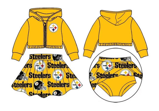 Baby Girl Toddler Zipper Yellow Hoodie Tops Team Skirt Shorts Set Moq 5