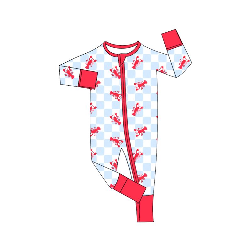 ( Moq 5 ) Preorder Baby Toddler Kids Crayfish Blue Checked Zipper Footie Romper Clothes