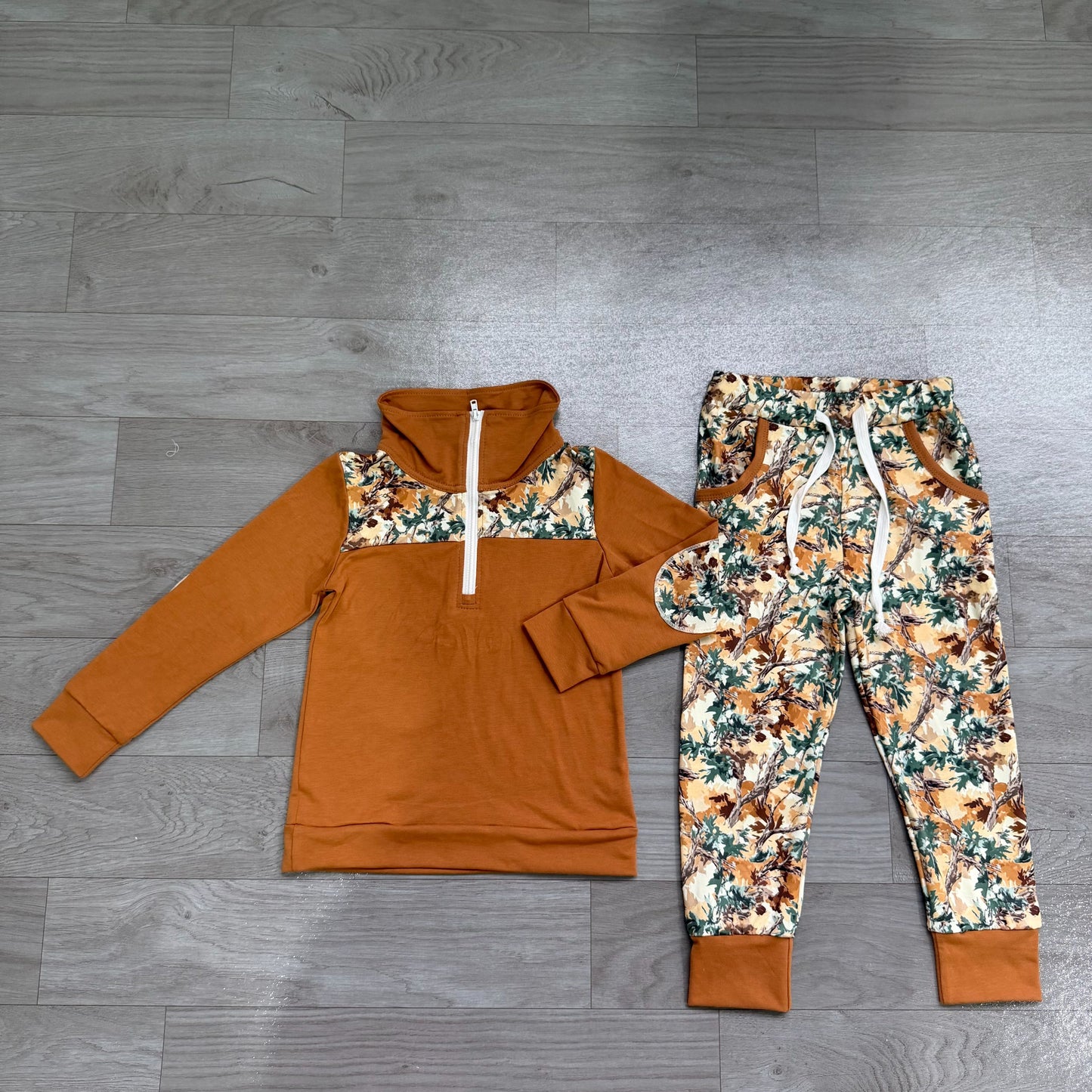 ( No moq ) Preorder Baby Boys Kids Long Sleeve Zipper Pullover Leaves Pockets Jogger Camo Set Clothes